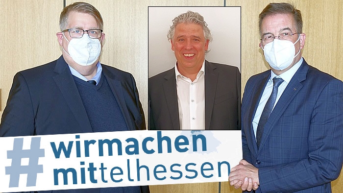 Geschäftsführer Jens Ihle mit Oskar Edelmann (Vorsitzender der Gesellschafterversammlung) und Mandfred Wagner (Vorsitzender des Aufsichtsrates - von links nach rechts, Bilder und Monatge: Regionalmanagement Mittelhessen/Heinrich)