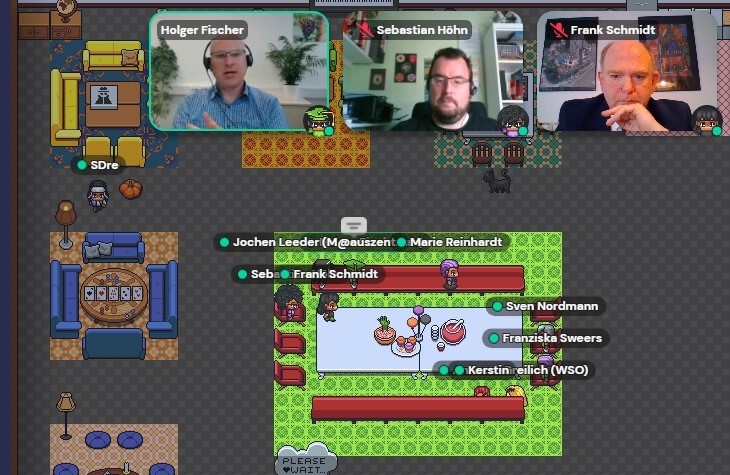 Ineraktion wie in einem echten Raum: Screenshots aus der virtuellen "Gather Town" beim virtuellen Treffen. (Bild: Confidos Akademie)