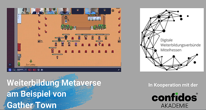 Akteure der Digitalen Weiterbildungsverbünde Mittelhessen in den virtuellen Lern- und Arbeitswelten von Gather.town (Screenshot: Holger Fischer)