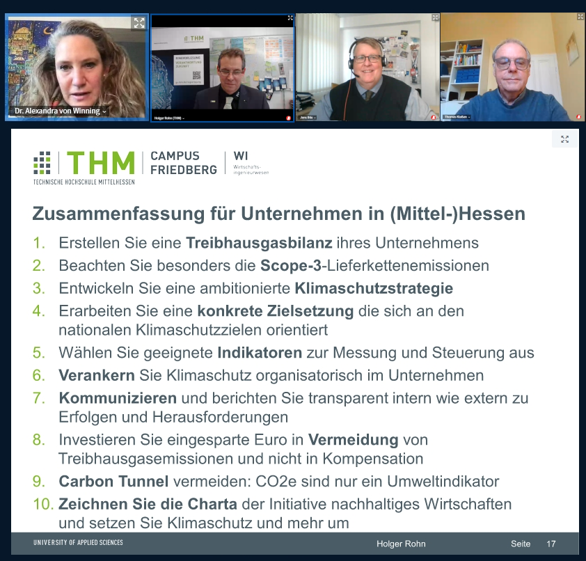 Zehn Punkte, die Unternehmen auf dem Weg zu (mehr) Nachhaltigkeit umsetzen sollten: Dr. Alexandra von Winning (Lenkungsgremium Wirtschaftsinitiative, Lust auf besser leben gGmbH), Prof. Dipl.-Ing Holger Rohn (Technische Hochschule Mittelhessen), Jens Ihle (Regionalmanagement Mittelhessen GmbH), Thomas Klaßen (Lenkungsgremium Wirtschaftsinitiative, Industrie- und Handelskammer Lahn-Dill)