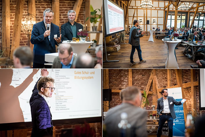 Innenstadt neu denken in Dagobertshausen: Marburgs Oberbürgermeister Dr. Thomas Spies (o.l.), Prof. Dr.-Ing. Nikolas Müller (u.l.) und Jürgen Block (r.) (Fotos: Tilman Lochmüller)